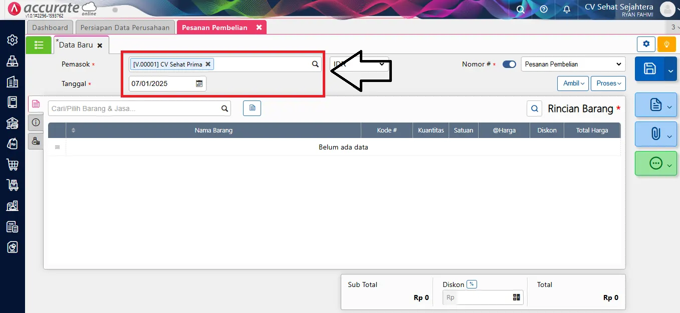 membuat pesanan pembelian Accurate Online